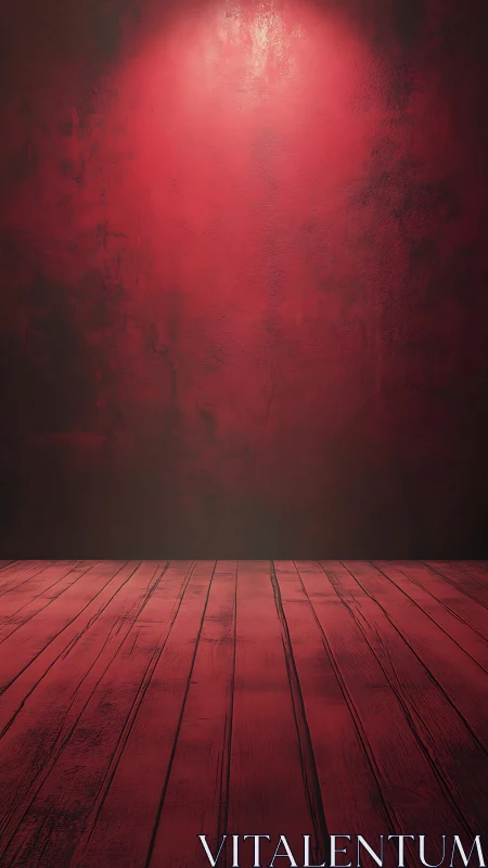 Red textured wall and wooden floor under overhead light.