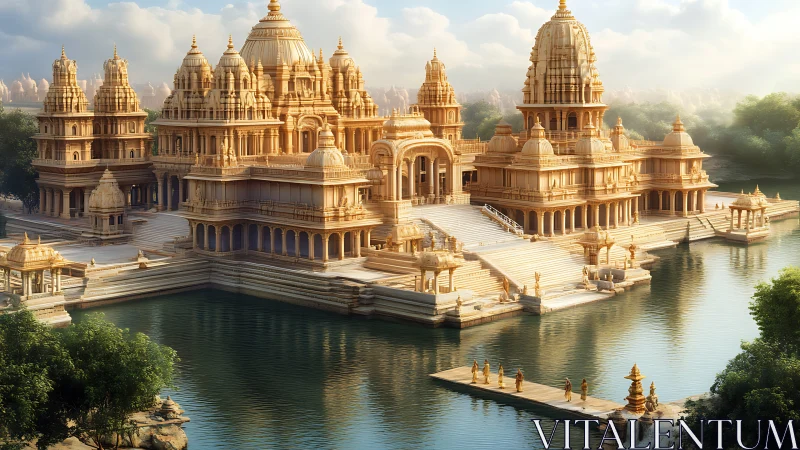 Sunlit riverside temple complex with ornate golden domes.
