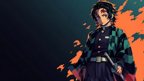 Anime swordsman portrait framed by bold diagonal color split