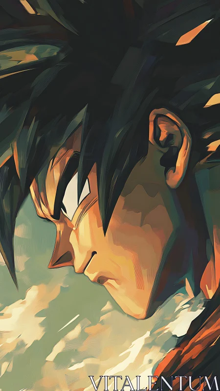 Anime warrior profile in stylized dramatic close-up.