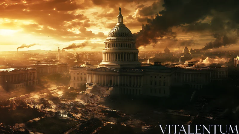 Capitol dome under apocalyptic sunset with cinematic smoke plumes