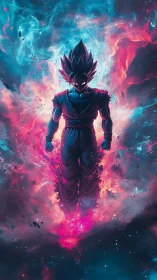 Celestial anime warrior ascends through neon cosmic energy field