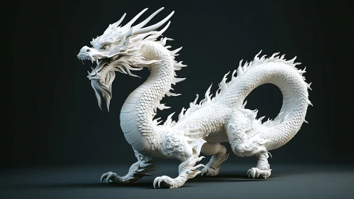 Coiled white dragon sculpture shows intricate scaled body