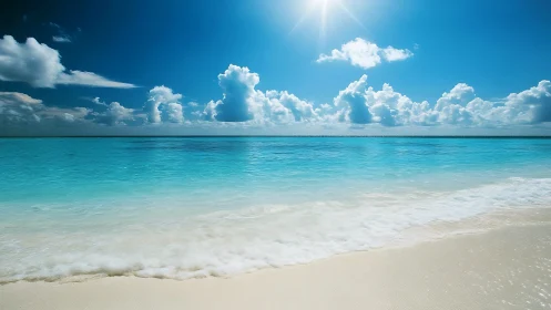 Sunlit turquoise shoreline under towering cloud bands.