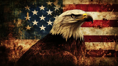 Bald eagle portrait over distressed American flag texture.