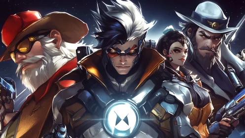 Heroic sci fi gunslingers framed in dynamic digital lighting.