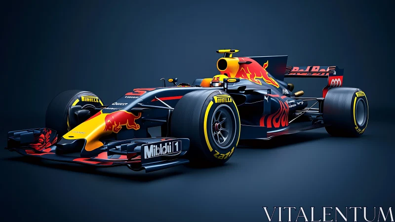 Red and yellow Formula racing car on dark studio background.
