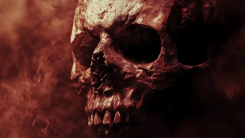 Human skull rendered in red light surrounded by smoky haze