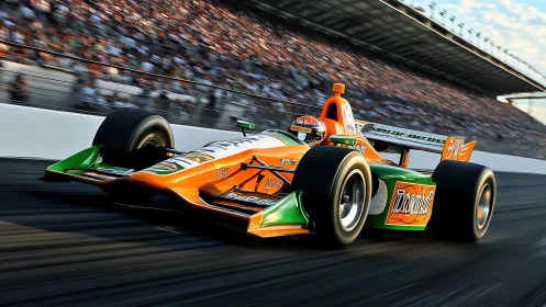Bright orange race car rushing past a roaring grandstand crowd.