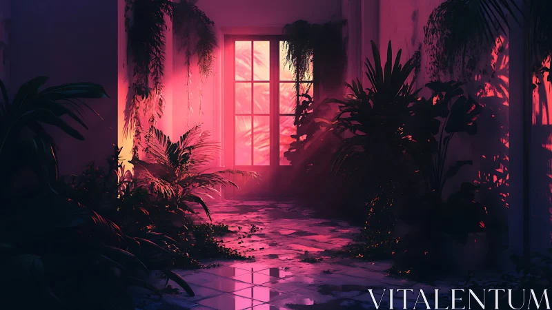 Neon dusk spills through a lush indoor jungle corridor