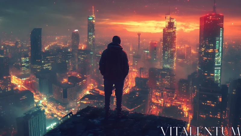 Lone rooftop watcher over ember-lit cyberpunk skyline.