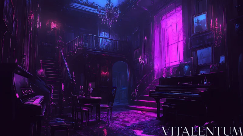 Neon gothic music hall with twin pianos and staircase.