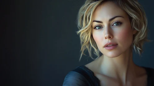 Photorealistic portrait of blonde woman in soft side light.
