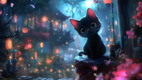 Moonlit kitten among glowing lanterns in fantasy street.