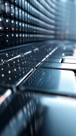 Reflective metallic grid surface in shallow focus perspective.