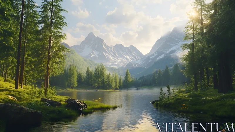 Sunlit mountain lake embraced by peaceful evergreen forest.