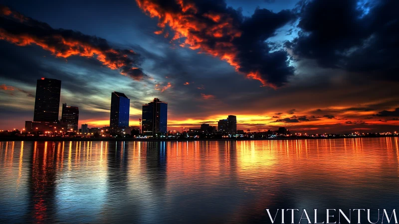 City skyline reflects vivid sunset over calm waterfront