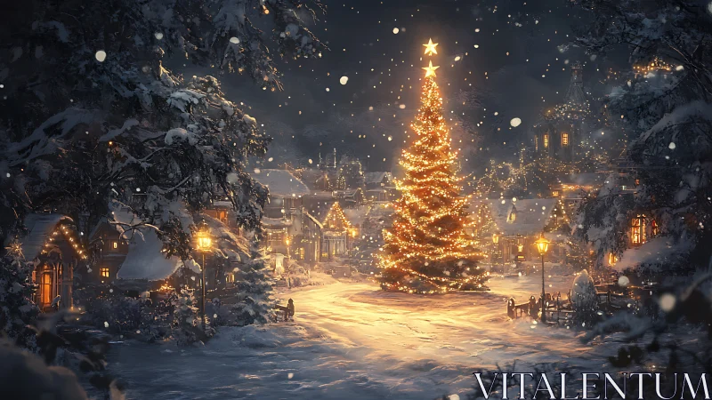 Central illuminated Christmas tree anchors snowy village square