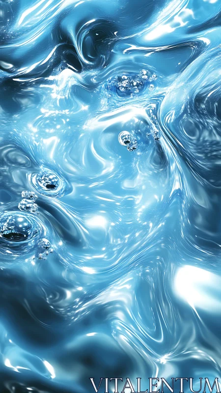 Blue liquid surface shows reflective waves and clustered bubbles