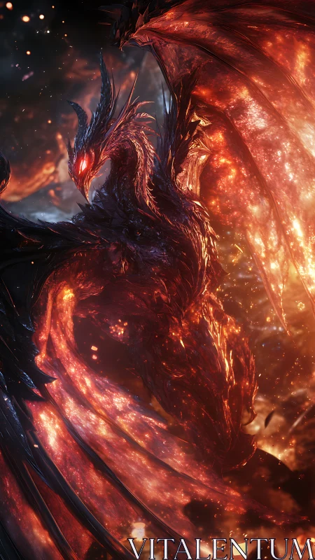 Fiery dragon guardian rising in swirling embers and light.