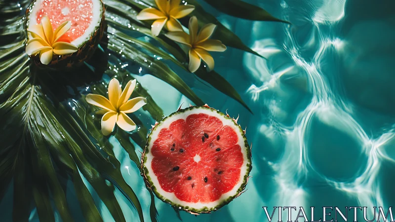 Tropical fruit still life over rippled aqua pool surface.