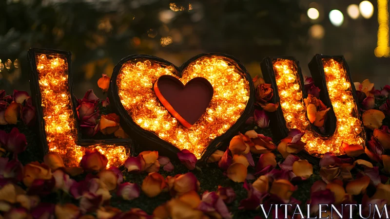 Illuminated Love Declaration with Rose Petals.