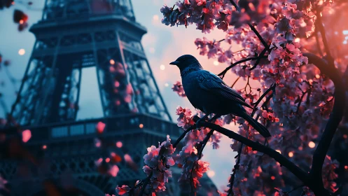Twilight crow in neon blossoms beneath a dreaming tower.
