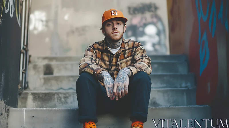 Casual stairway moment with a thoughtful tattooed skater.