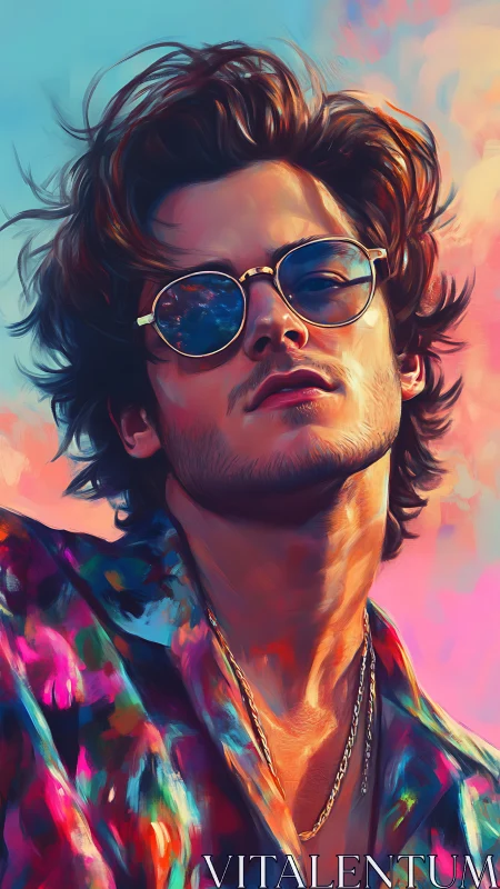 Sunlit portrait merges neon hues and reflective lenses.