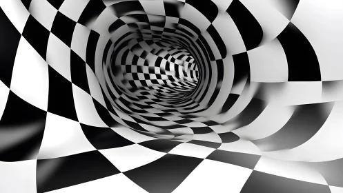 Surreal Checkerboard Tunnel in Black and White Abstract Art.