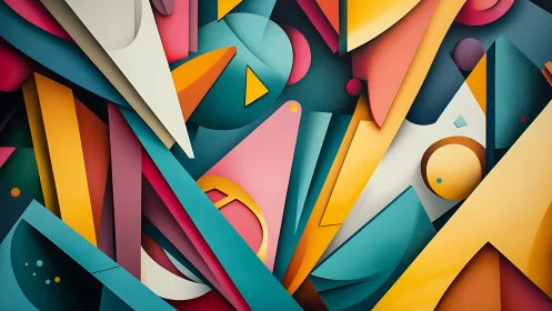 Geometric carnival in teal and gold, colliding cheerful shapes.