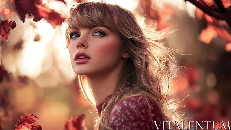 Backlit autumn portrait of young woman amid crimson foliage