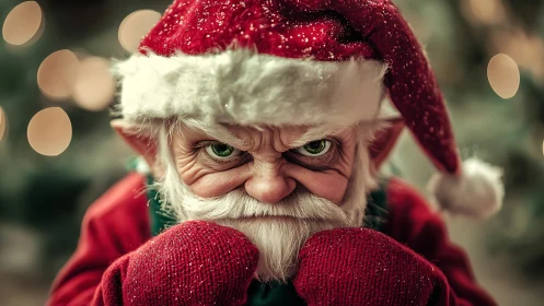 Grumpy Holiday Elf Glowers Under Glittering Christmas Lights.