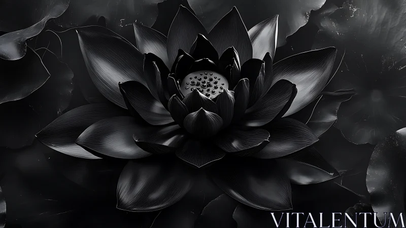 Black lotus flower sits centered with glossy detailed petals