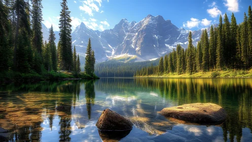 Mountain lake with pine forest and clear water reflection.