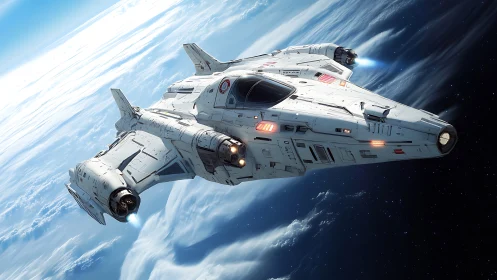 Futuristic white gunship cruising low orbit above blue Earth.