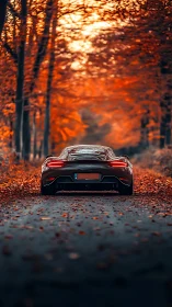 Supercar cuts through autumn forest road in blazing orange