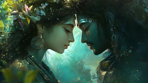 Luminescent Mythological Duality: Ethereal Facial Juxtaposition with Crystalline Transformation.