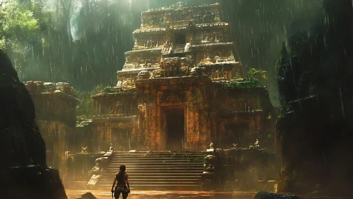 Rain-soaked jungle temple welcoming a lone explorer home.