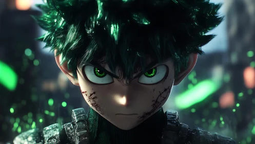 Fierce green-eyed hero charging up in a neon storm.