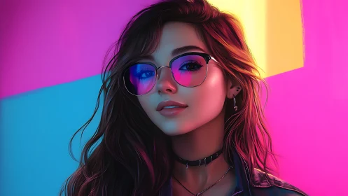 Neon-lit girl portrait with reflective gradient glasses.