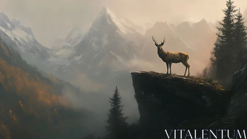 Solitary stag crowns a mist-laced cliff above winter peaks