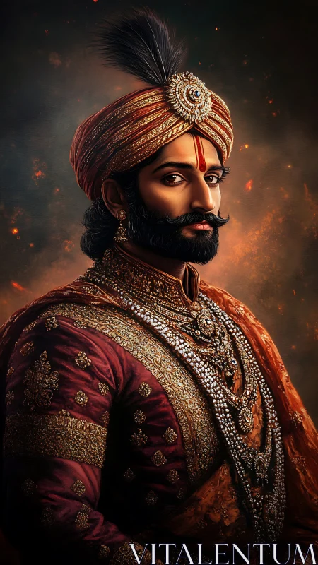 Regal portrait of royal Indian maharaja in jeweled attire.