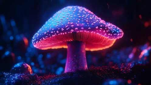 Neon bioluminescent mushroom macro in dark bokeh forest