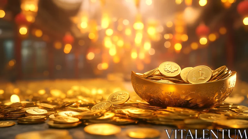 Golden coins spill into a glowing festive bowl of prosperity