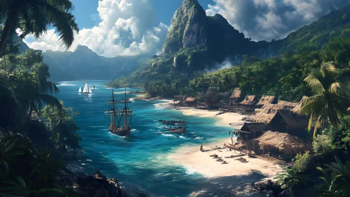 Tropical Archipelago Harbor with Anchored Galleon Vessel Architecture.