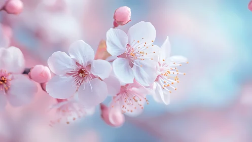 Cherry blossom blooms against soft blue and pink sky backdrop.