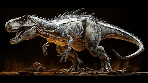 Large theropod dinosaur model in side profile on dark ground.