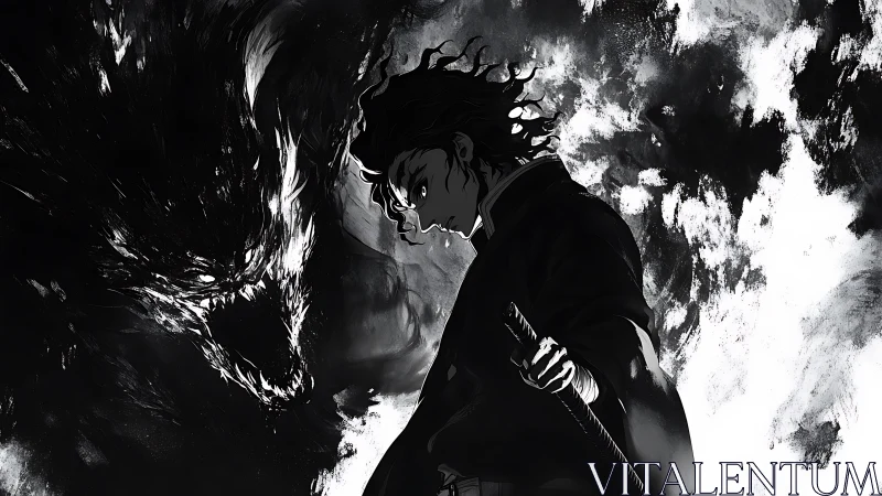 Sword-wielding warrior confronts shadow dragon in monochrome