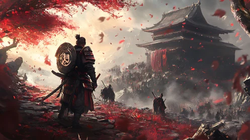 Lone samurai advances toward besieged fortress in crimson dusk.